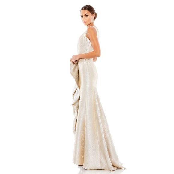 Mac Duggal Dress One Shoulder Metallic Ruffled Evening Gown Oyster Size 0 NWOT - Picture 4 of 13